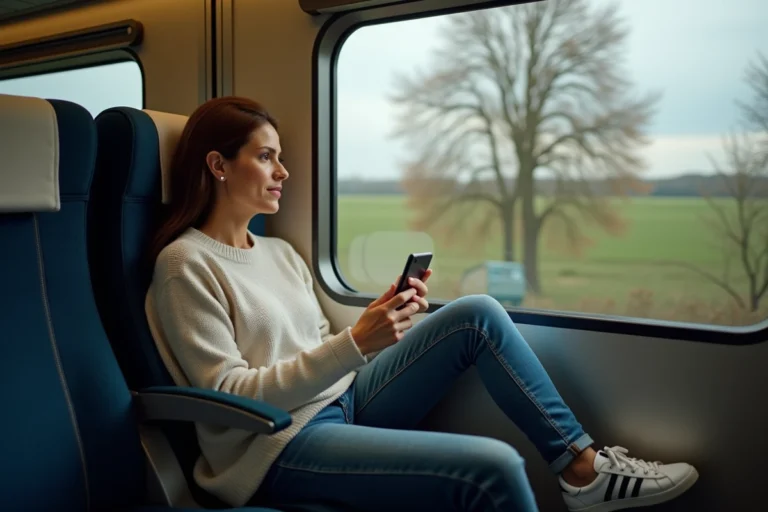 Femme assise dans un train regardant par la fenetre