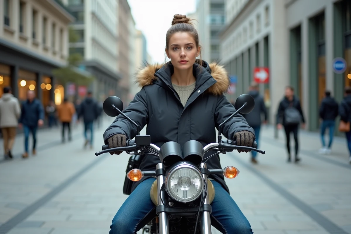 Femme en ville avec sa moto 125cc dans un environnement urbain