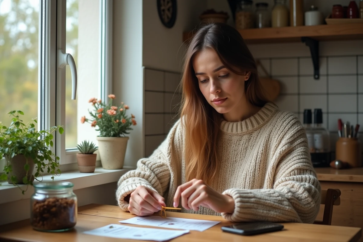 Jeune femme examinant un tabac dans une cuisine chaleureuse
