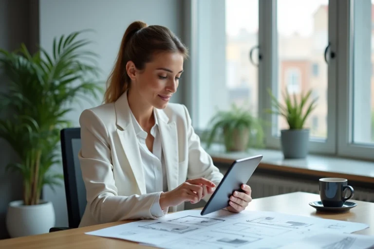 Professionnelle de l'immobilier utilisant une application de gestion immobilière sur tablette dans un bureau moderne