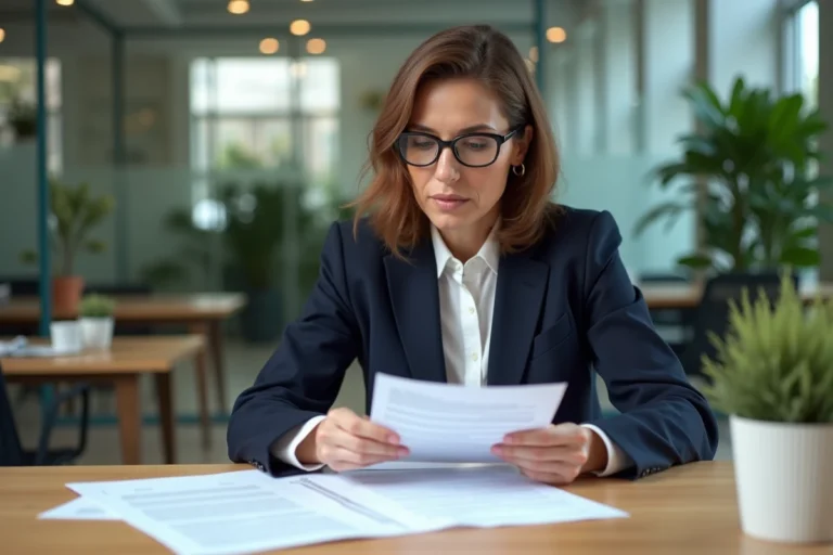 Gestionnaire de micro-crèche étudiant un bail commercial sur son bureau dans un espace de travail moderne