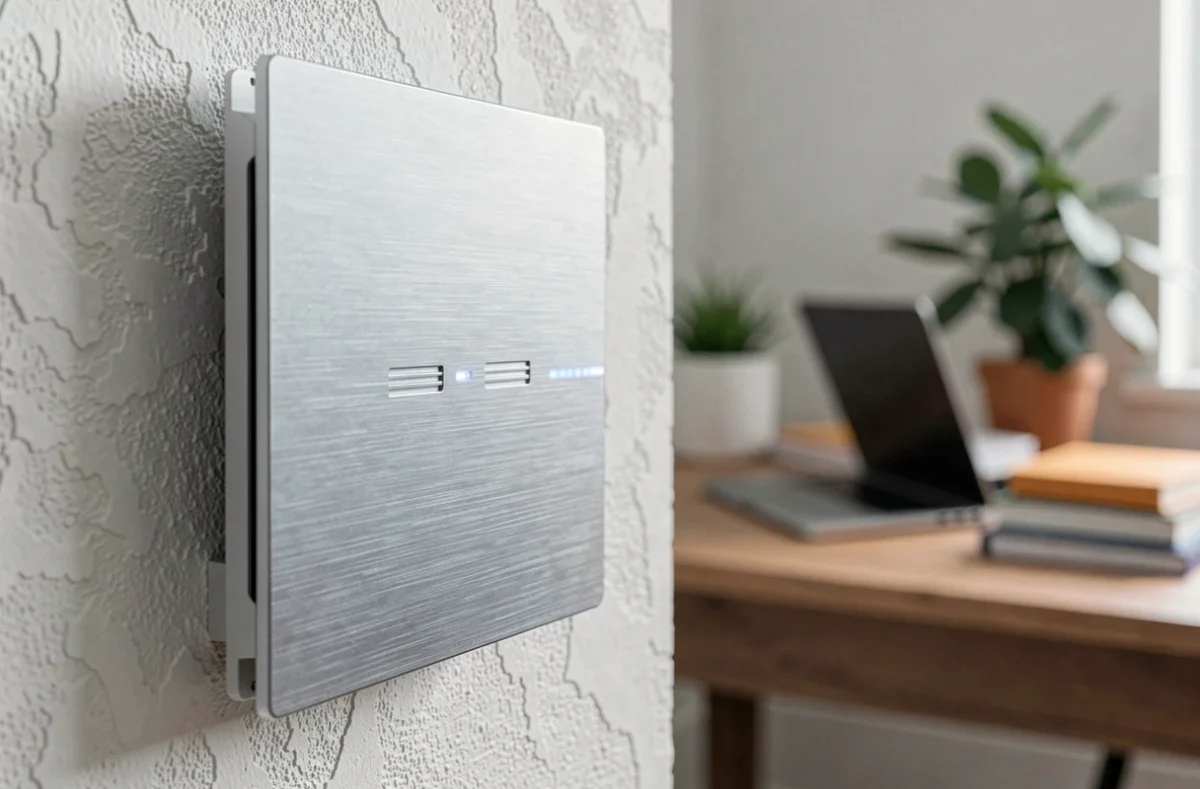 Gros plan sur un panneau de chauffage cinétique en aluminium brossé fixé au mur dans un bureau à domicile moderne