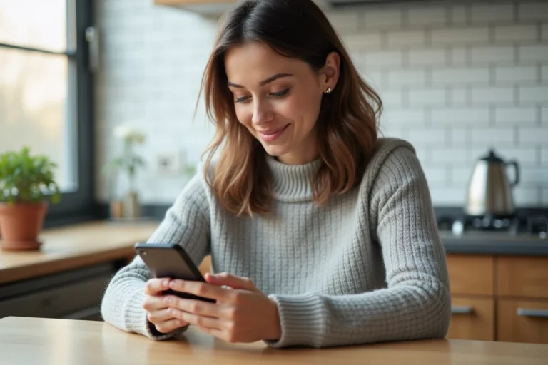 Femme consultant l'historique de réservation Booking sur son smartphone dans une cuisine moderne