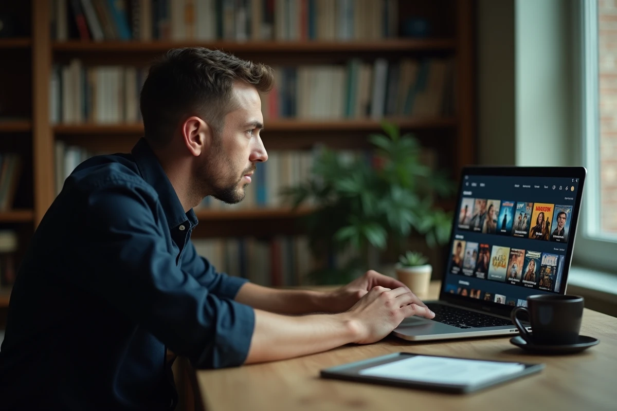 Homme en train d'explorer un catalogue de films sur une plateforme de streaming gratuit depuis son bureau à domicile