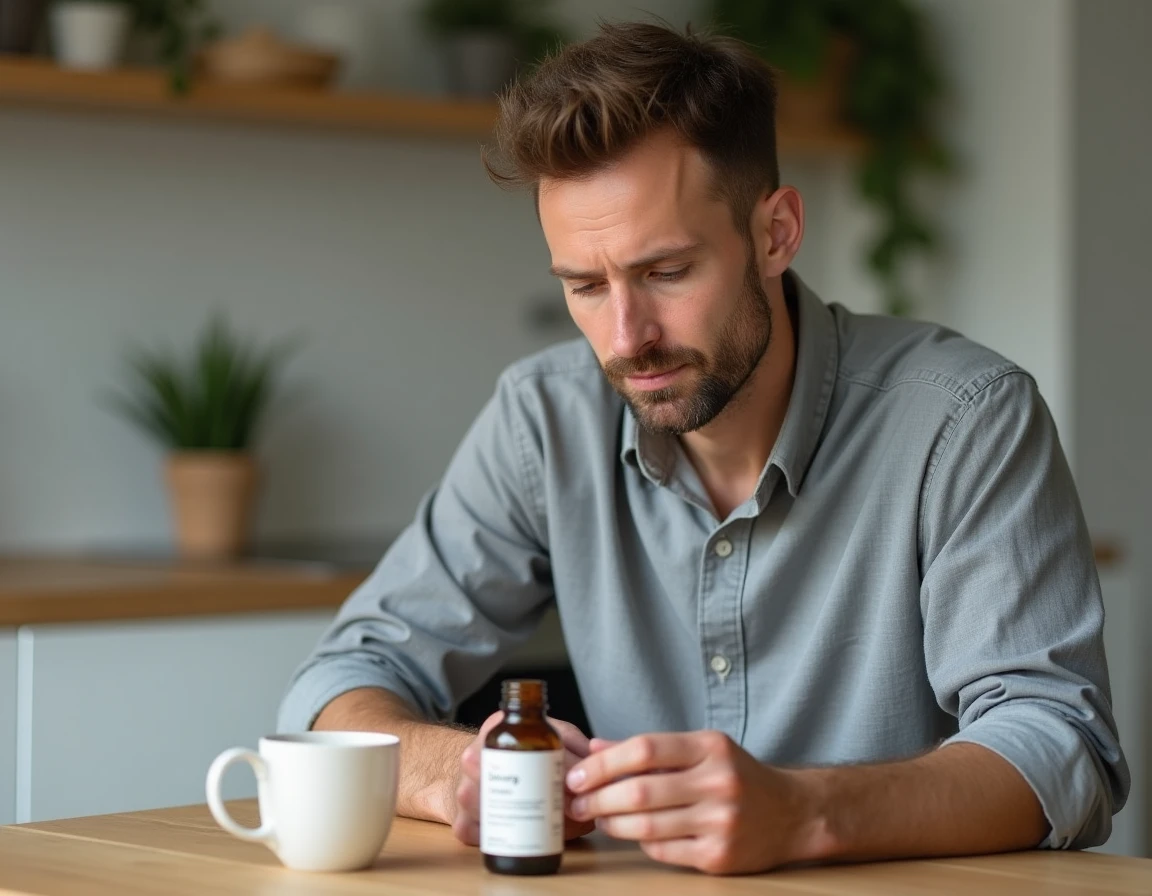 Homme lisant l'étiquette d'un complément capillaire Good Hair assis à une table de cuisine en bois dans un intérieur scandinave