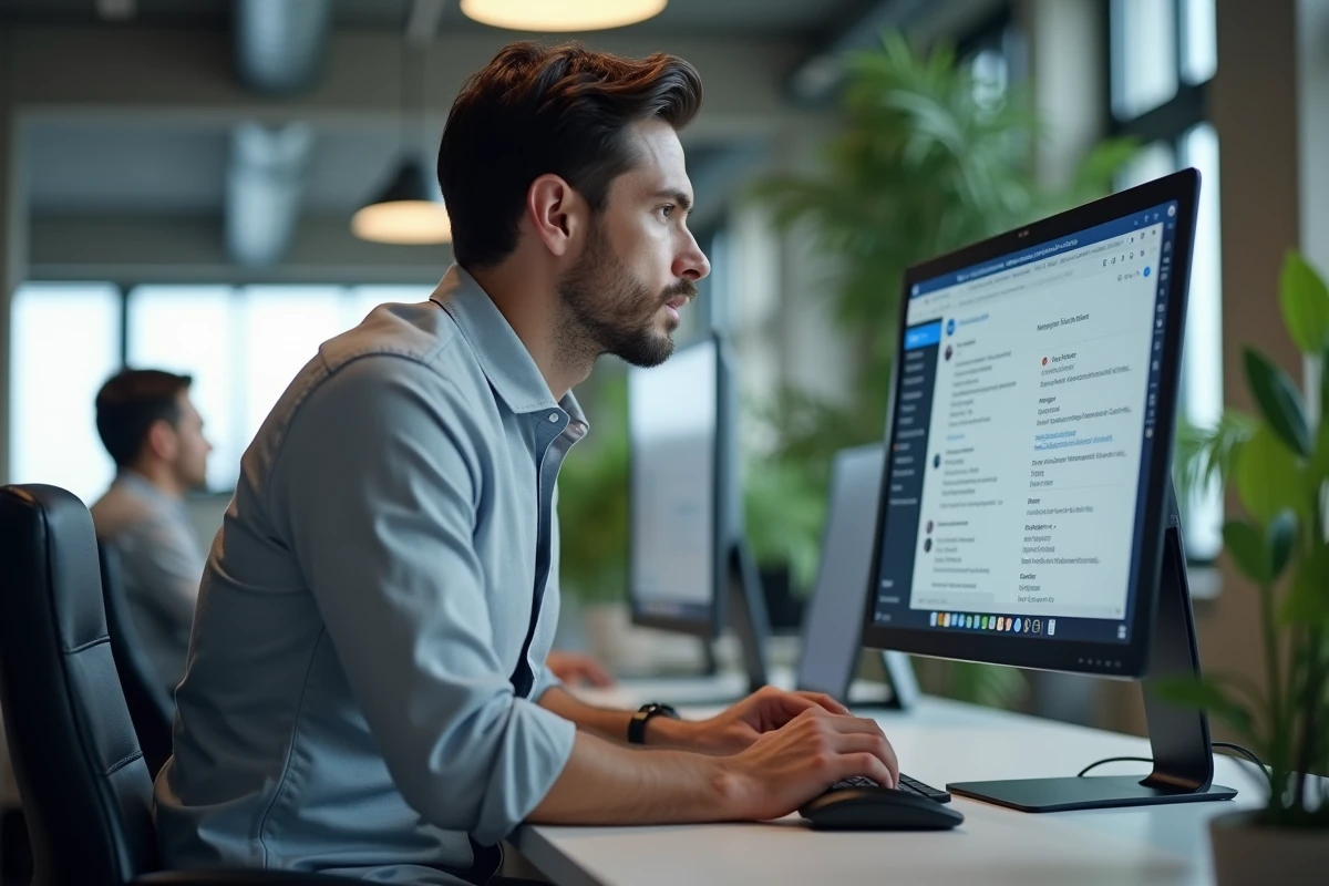 Homme consultant ses emails sur la messagerie Zimbra dans un bureau moderne en open space