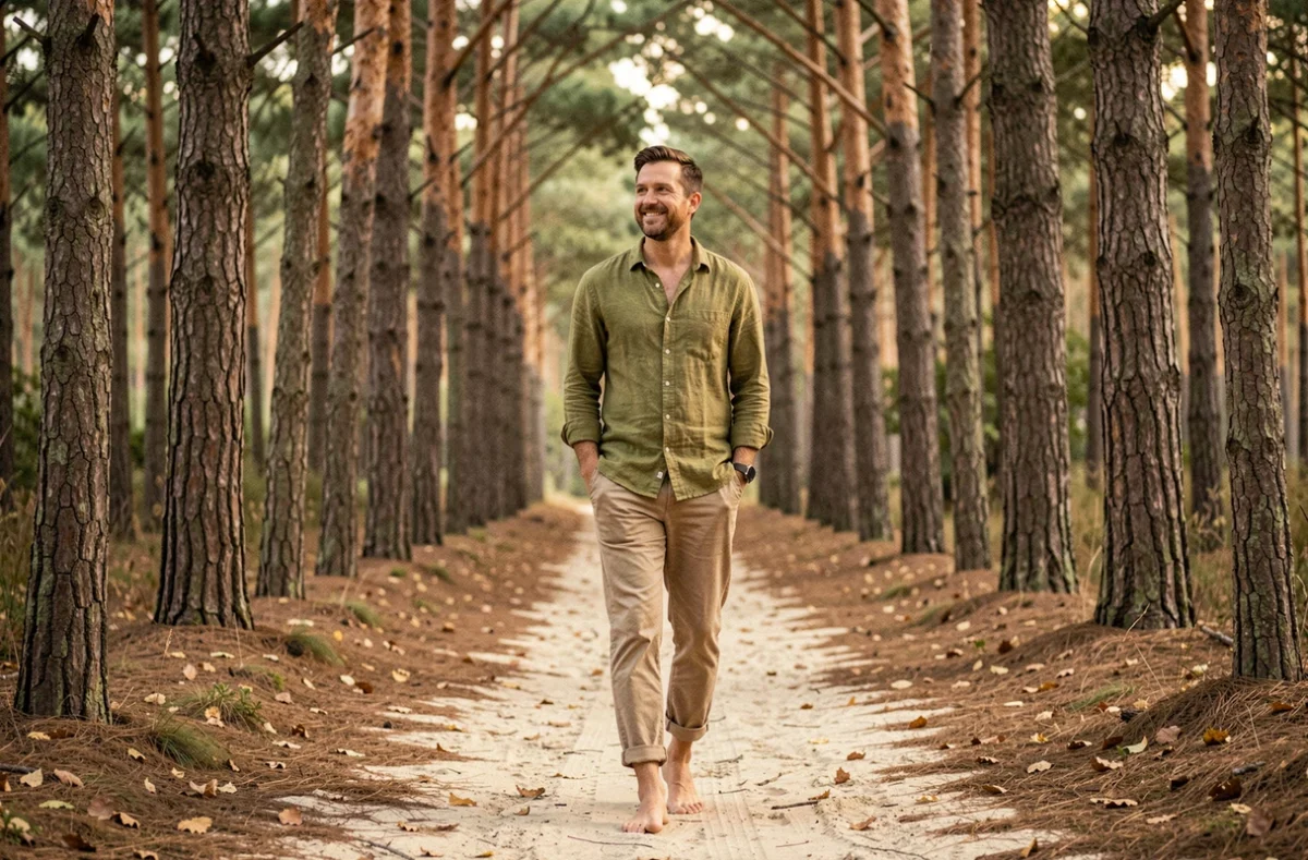 Homme souriant se promenant seul sur un sentier forestier paisible en tenue décontractée