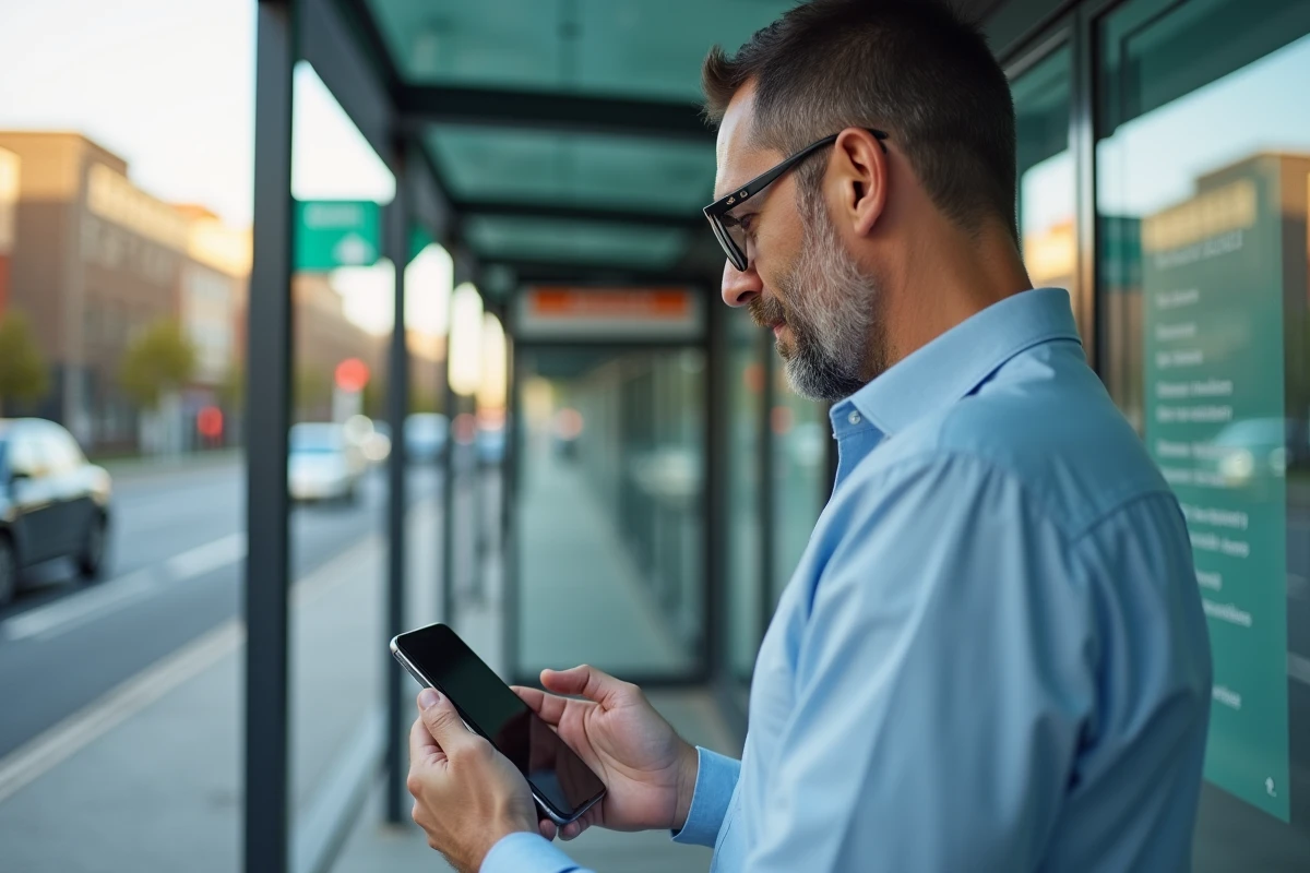 Homme en extérieur rechargeant son mobile à un arrêt de bus