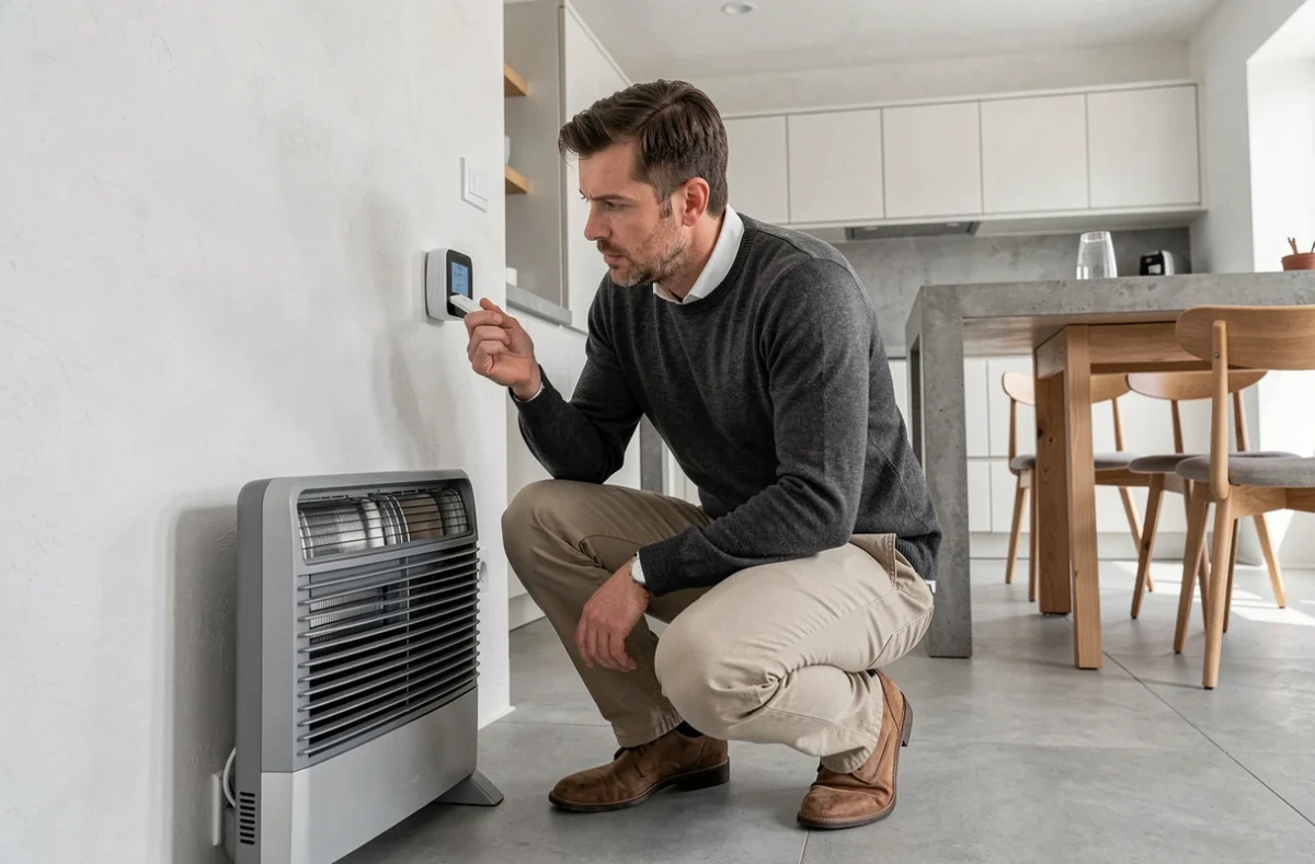Homme inspectant un système de chauffage cinétique moderne dans une cuisine ouverte avec thermostat connecté