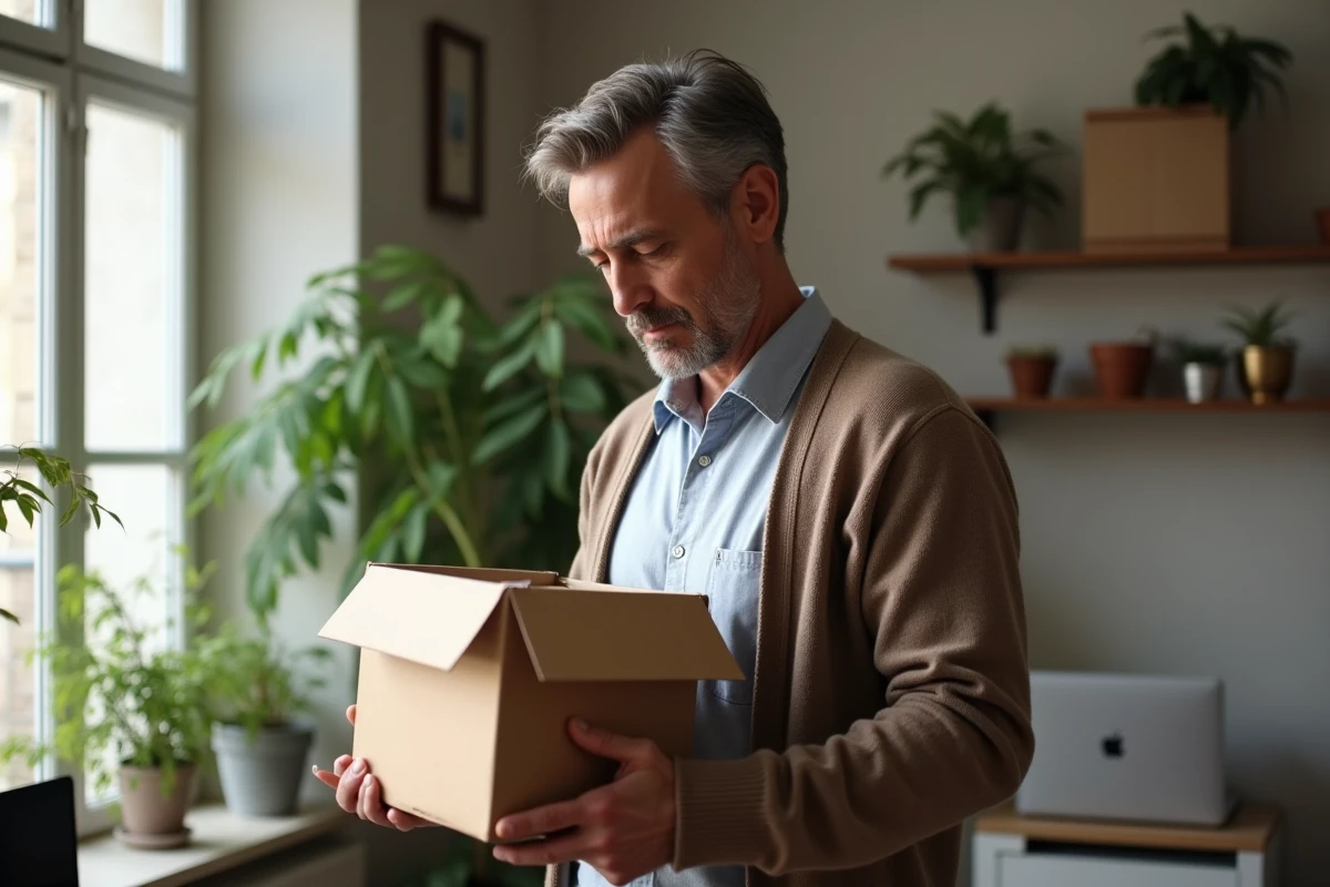 Homme inspectant un colis dans son salon lumineux