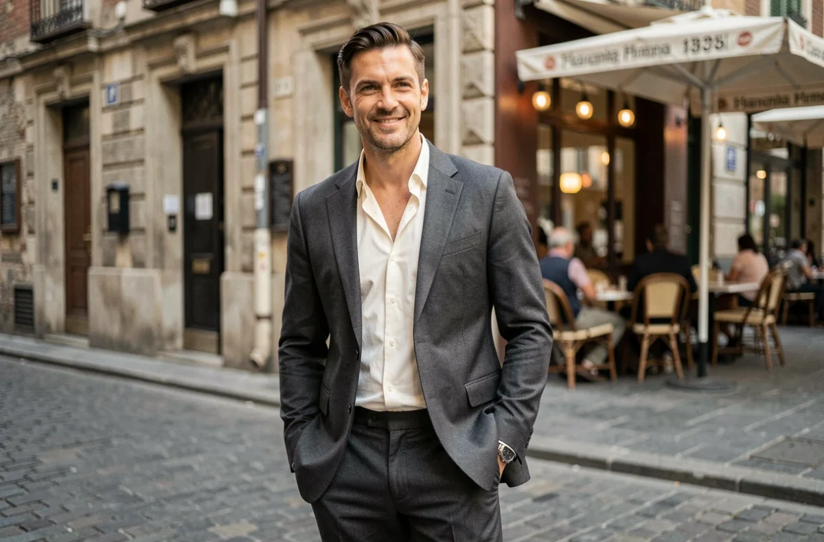 Homme élégant en costume gris dans une rue pavée européenne, inspiration mode masculine tendances contemporaines