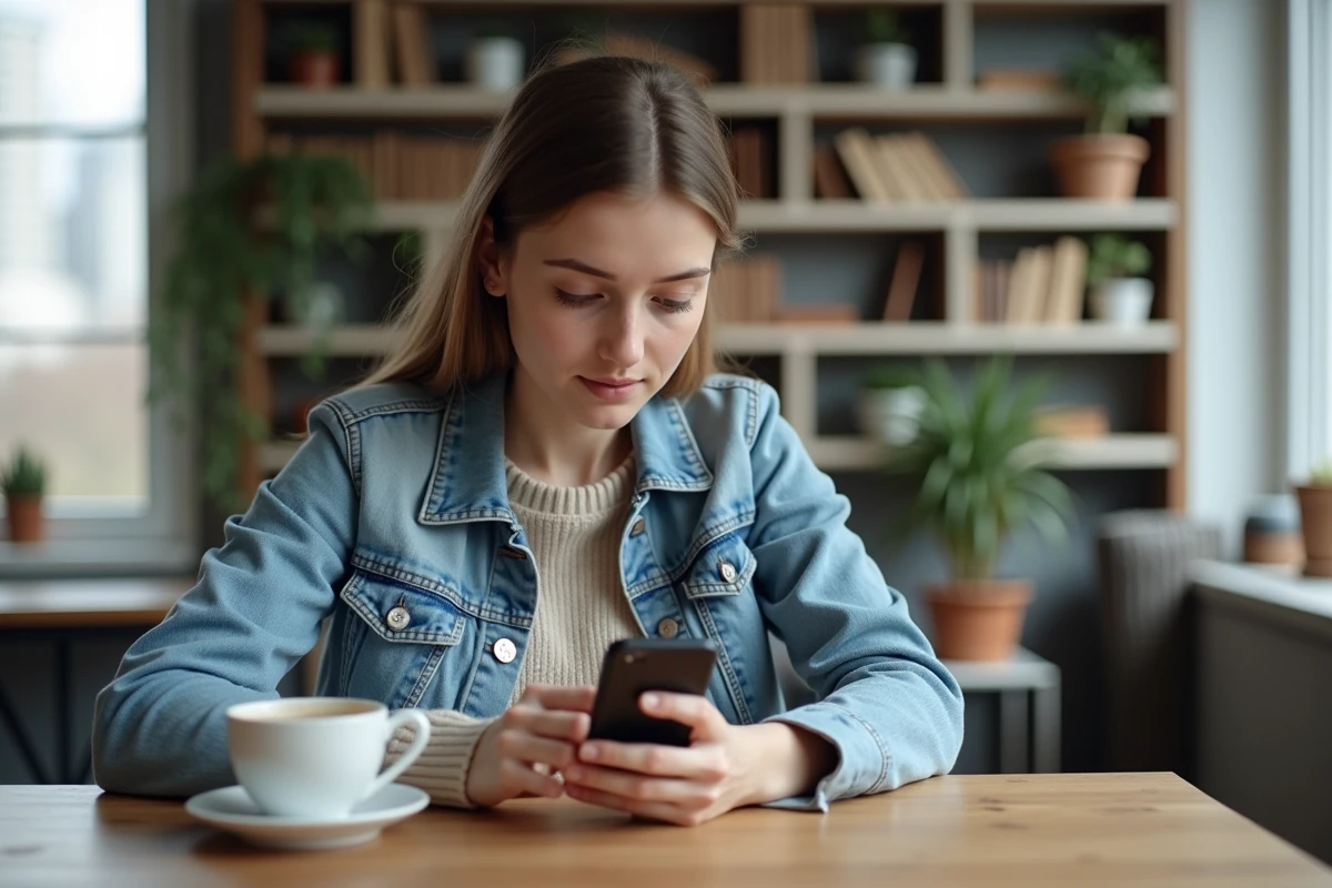 Jeune femme en denim et sweater regardant son smartphone dans un appartement lumineux