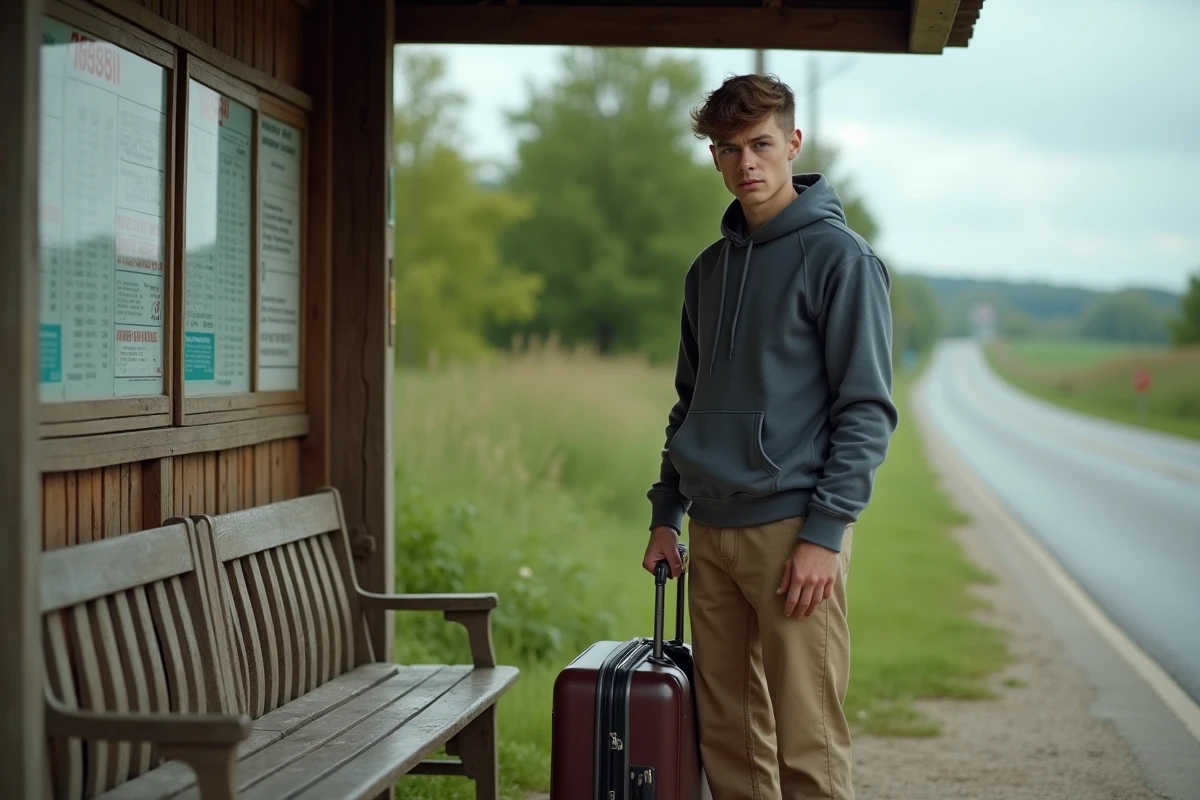 Jeune homme au arrêt de bus rural avec valise