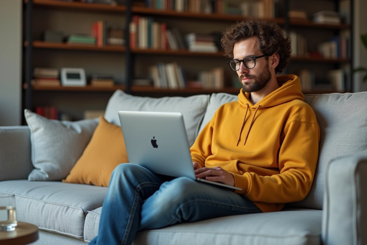 Jeune homme apprenant à créer des flèches dans InDesign sur son MacBook depuis son canapé