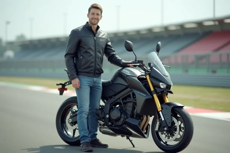 Jeune homme en moto sport 125cc sur circuit moderne