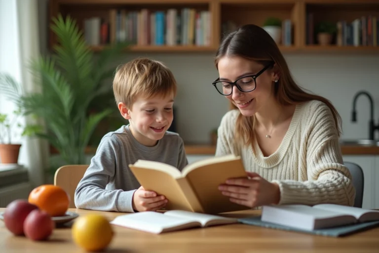 Femme lisant avec un garçon à la maison pour l'article {titre}