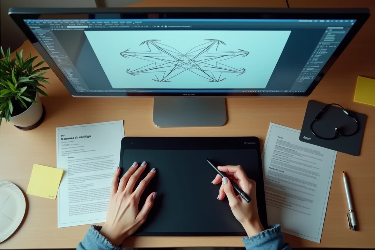 Mains de graphiste utilisant une tablette Wacom avec InDesign ouvert pour dessiner des flèches sur un document