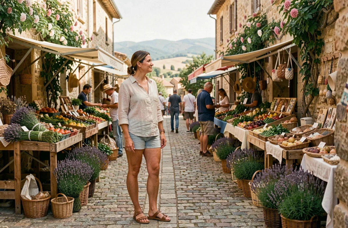Femme explorant un marché provençal en France lors d'une escapade culturelle dans un village pittoresque
