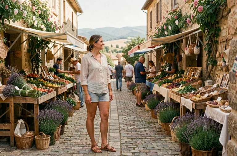 Femme explorant un marché provençal en France lors d'une escapade culturelle dans un village pittoresque