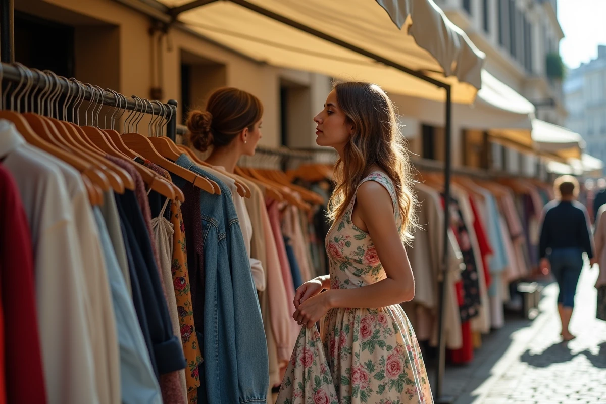 Deux femmes explorant un marché vintage en plein air avec des vêtements de différentes décennies, reflétant l'influence durable des tendances mode historiques
