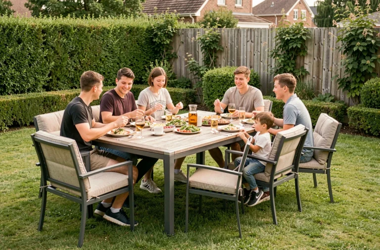 Grande famille réunie autour d'une table de jardin en acier et teck de chez Brico Dépôt pendant un repas estival en plein air