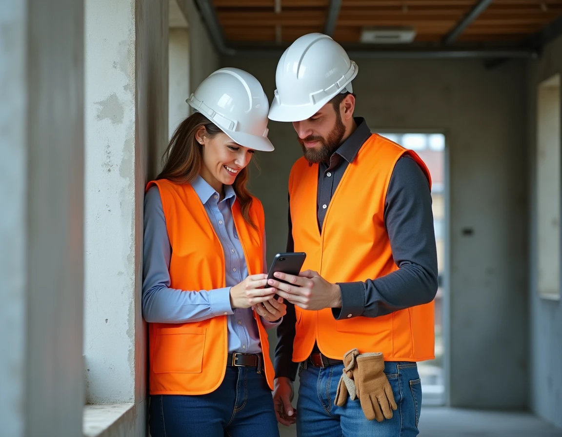 Deux ouvriers BTP consultant un planning de chantier sur smartphone à l'intérieur d'un bâtiment en construction