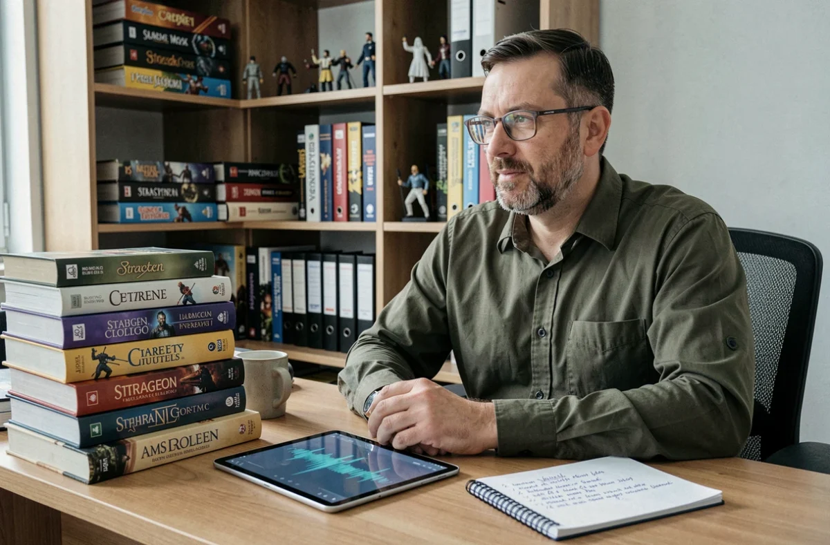 Passionné de jeux de société consultant des livres et ressources audio à son bureau