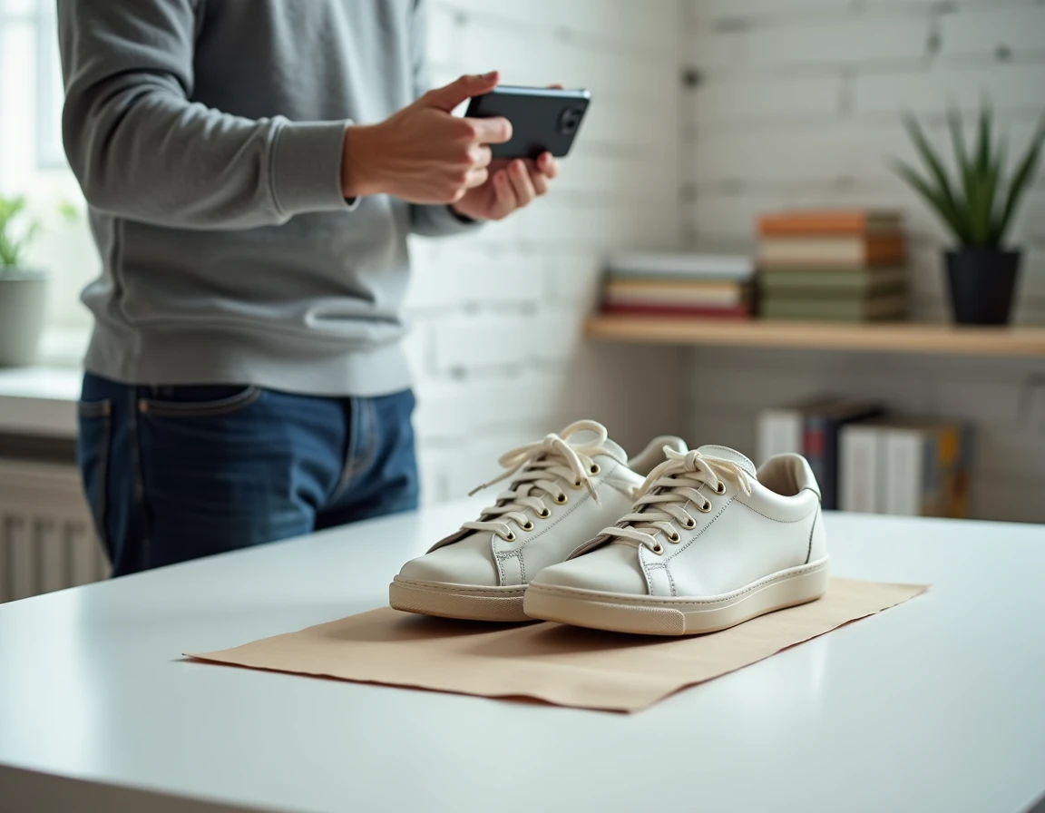 Homme photographiant des sneakers d'occasion à domicile pour les vendre sur une plateforme de mode seconde main
