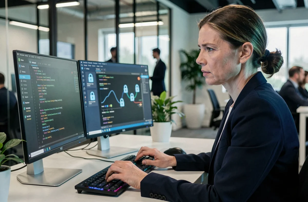 Professionnelle en cybersécurité analysant des données sensibles sur des écrans dans un bureau moderne