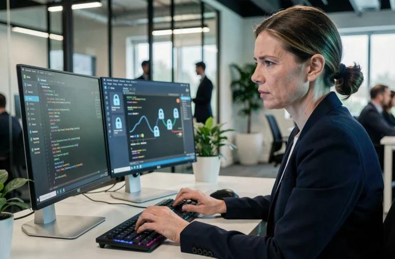 Professionnelle en cybersécurité analysant des données sensibles sur des écrans dans un bureau moderne