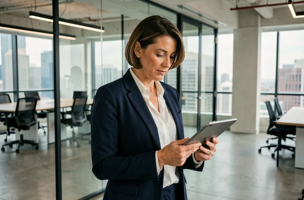 Professionnelle en blazer marine consultant un rapport de performance d'entreprise sur tablette dans une salle de réunion moderne