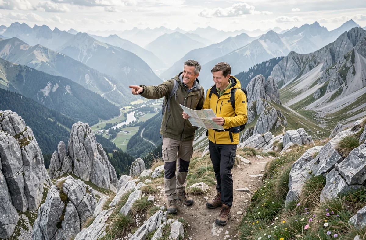 Couple de randonneurs découvrant un panorama alpin lors d'une escapade en montagne dans les Alpes françaises