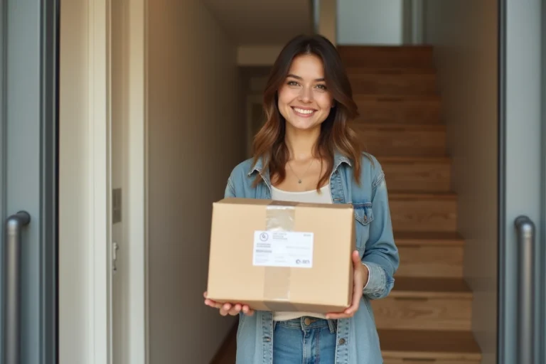 Jeune femme recevant un colis de livraison Asos devant son appartement