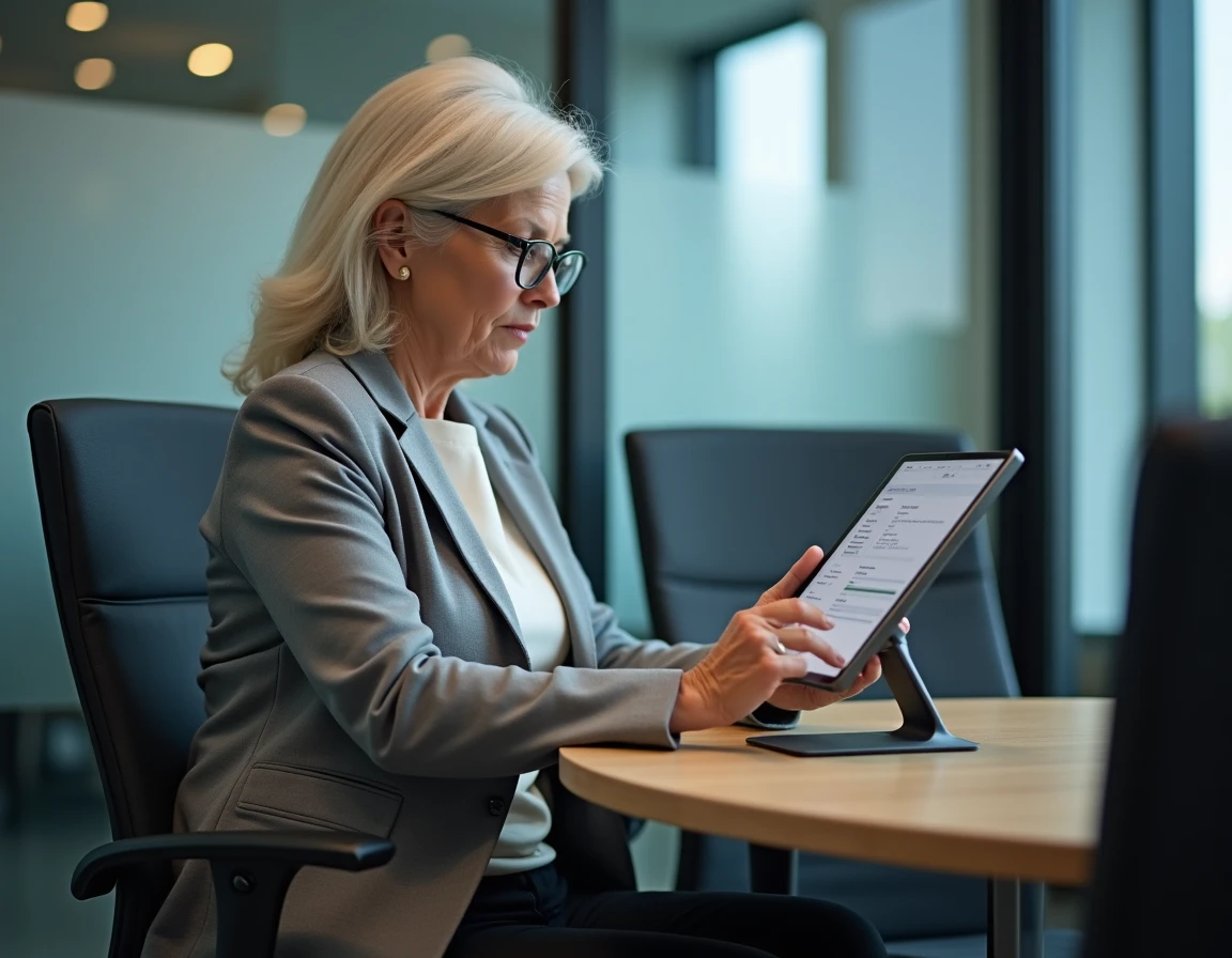 Responsable RH Auchan consultant son espace personnel hr4you sur une tablette dans une salle de réunion