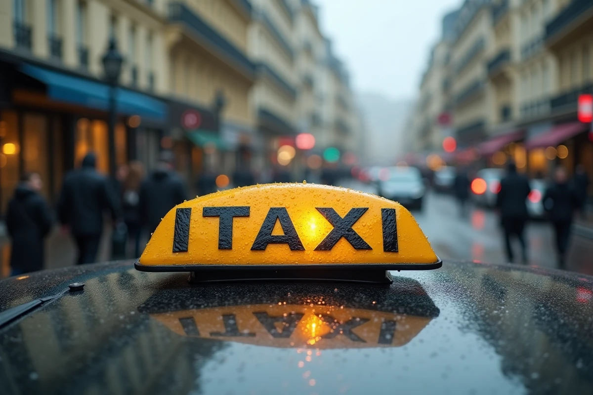 Détail du panneau lumineux taxi parisien mouillé