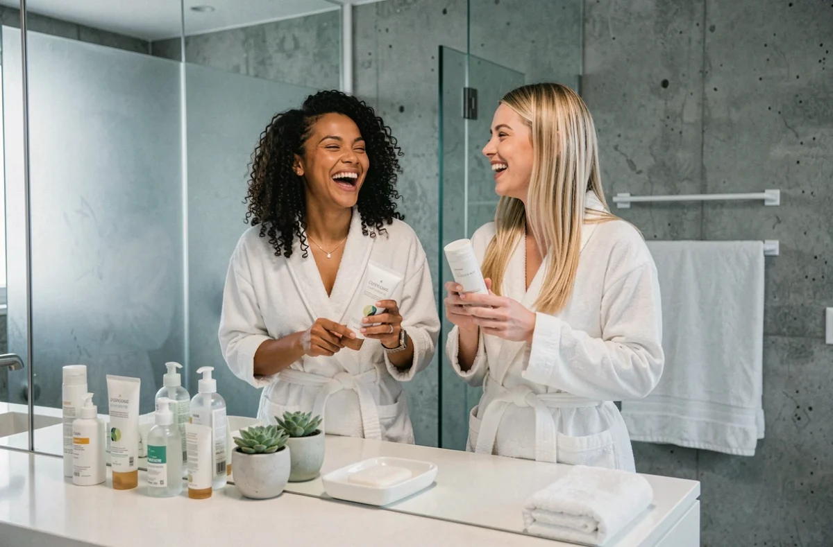 Deux femmes partageant leur routine beauté matinale dans une salle de bain moderne avec des produits de soin soigneusement organisés