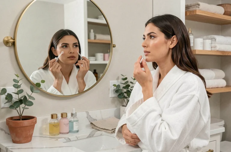 Femme appliquant un sérum visage devant un miroir dans une salle de bain élégante avec des produits de beauté soigneusement disposés