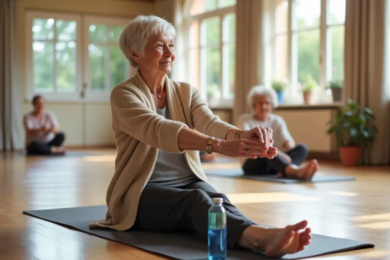 Femme âgée faisant des exercices d'étirement dans un centre communautaire pour prévenir la fragilité des seniors