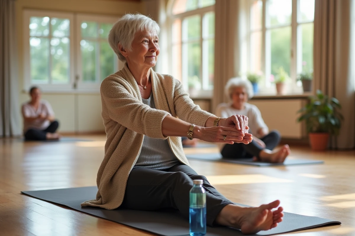 Femme âgée faisant des exercices d'étirement dans un centre communautaire pour prévenir la fragilité des seniors