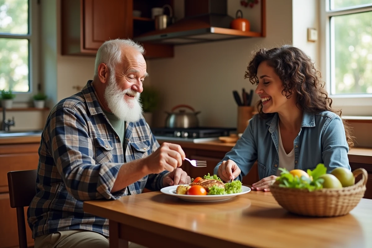 Un homme âgé partageant un repas équilibré avec sa fille adulte, illustration de la nutrition comme facteur de prévention de la fragilité