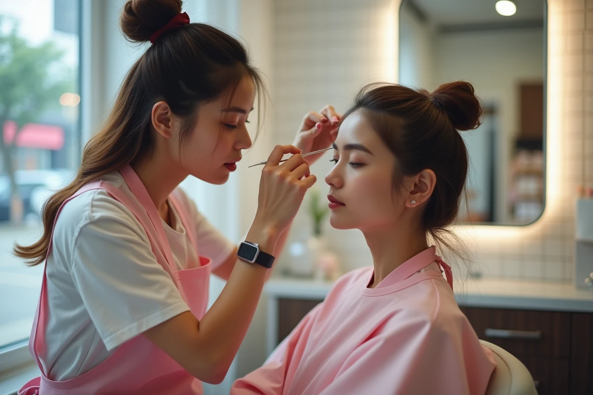 Jeune praticienne réalisant un soin des sourcils par fil dans un studio esthétique urbain