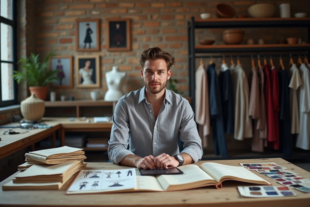 Jeune styliste entouré de références historiques de la mode dans son atelier créatif, explorant l'influence des époques passées sur la création contemporaine