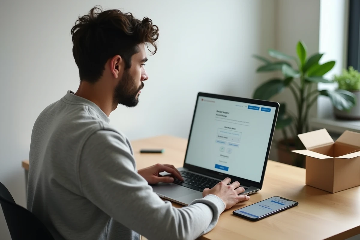 Homme consultant le suivi de commande Asos sur son ordinateur portable à la maison
