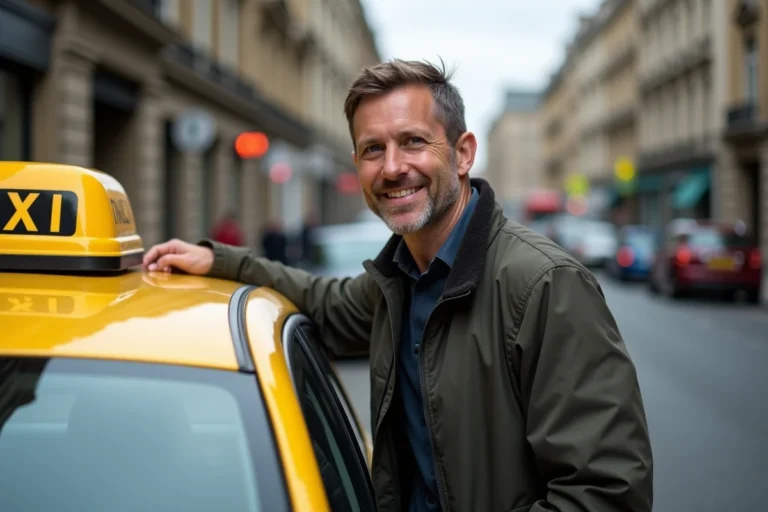 Taxi parisien avec chauffeur souriant en ville