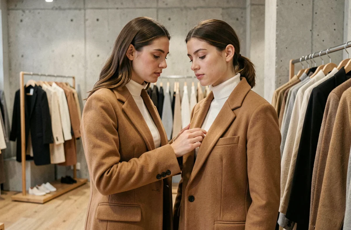 Jeune femme élégante parcourant des vêtements dans une boutique de mode parisienne minimaliste, tendances mode automne-hiver
