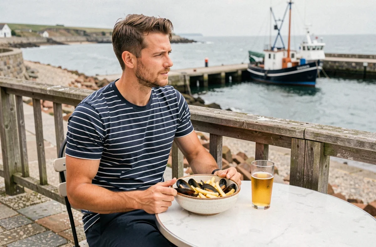 Homme savourant des moules-frites en terrasse face à la mer lors d'une escapade en Bretagne