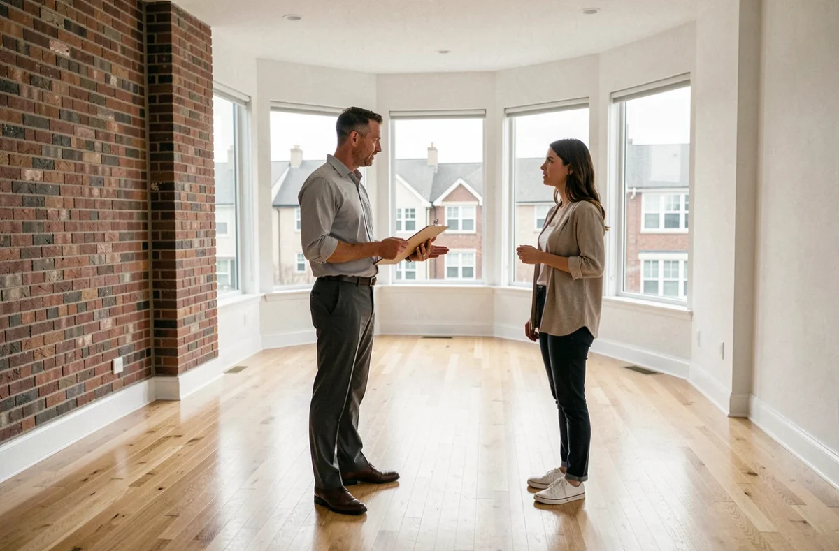 Agent immobilier faisant visiter un appartement lumineux à louer à une cliente potentielle